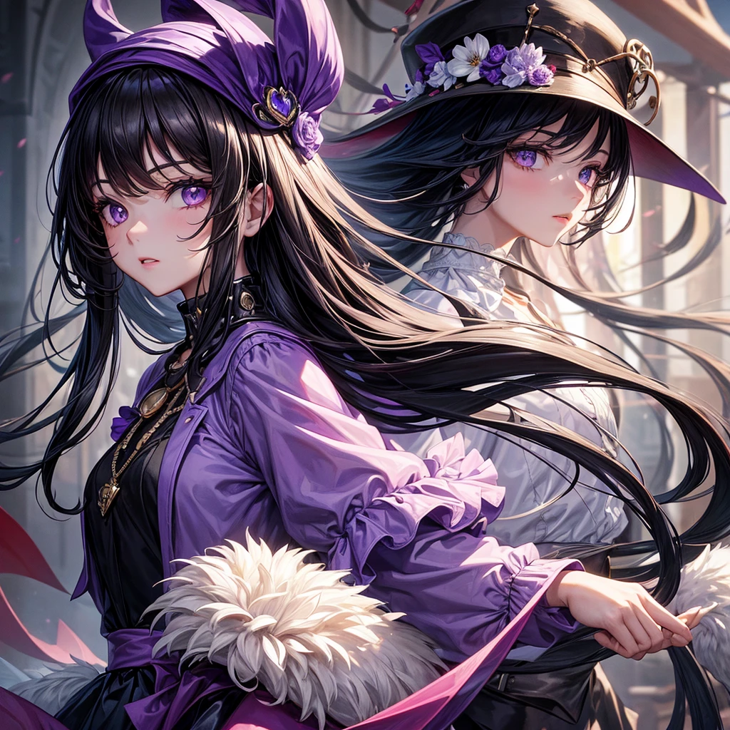((best quality)), ((masterpiece)), (detailed), 1modern era girl,black hair, wear a violet jacket, shirt inside, upper body, infinite neclace, red berret, black writing on the shirt, yensa ,lilac eyes