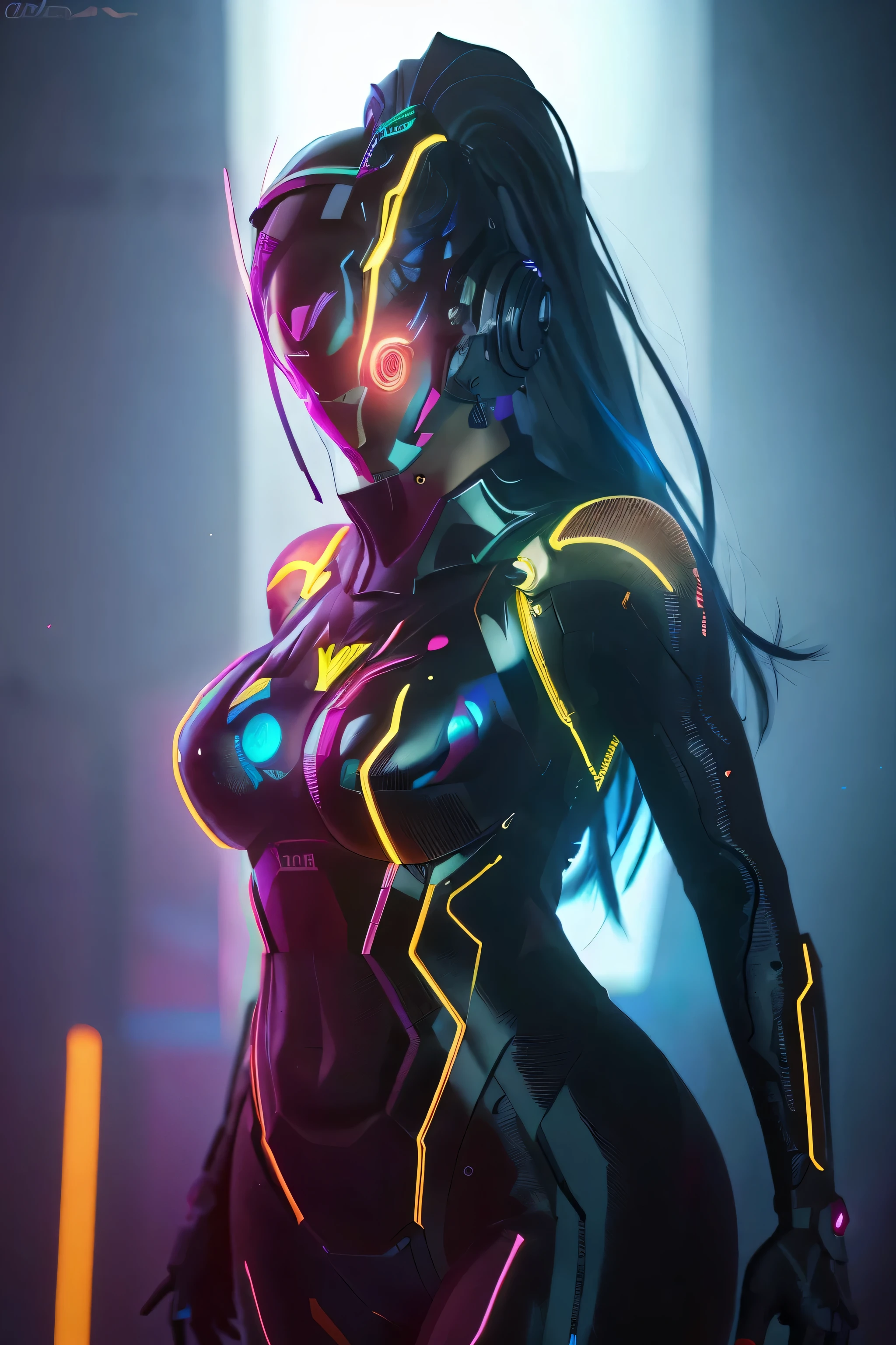 Extremely sexy robotic woman in a futuristic cyberpunk setting, adorned with neon particles on the screen. Your whole body, with a curvaceous silhouette, mostra detalhes intrincados em uma resolução de 8K, best qualityer, 4K, 8K, high resolution, and masterpiece levels. ultra detali, the robotic woman presents realistic features, photorrealistic, photo-realistic textures, with HDR and UHD studio lighting creating an ultra-fine painterly effect. Sharp focus is maintained on all your features, from the bright neon lights in her eyes to the dynamic pose that exudes professionalism and vitality. in
