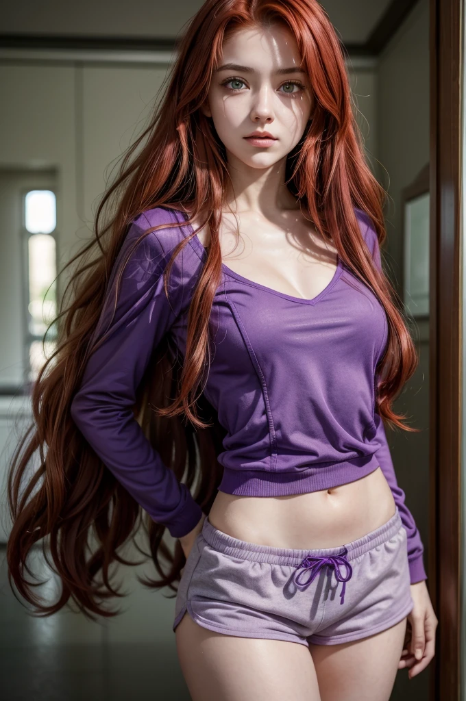 Teenage girl, red hair and green eyes, long, wavy and hot hair, purple top hero suit and purple shorts, naive expression, realistic flying, highly detailed, high quality.