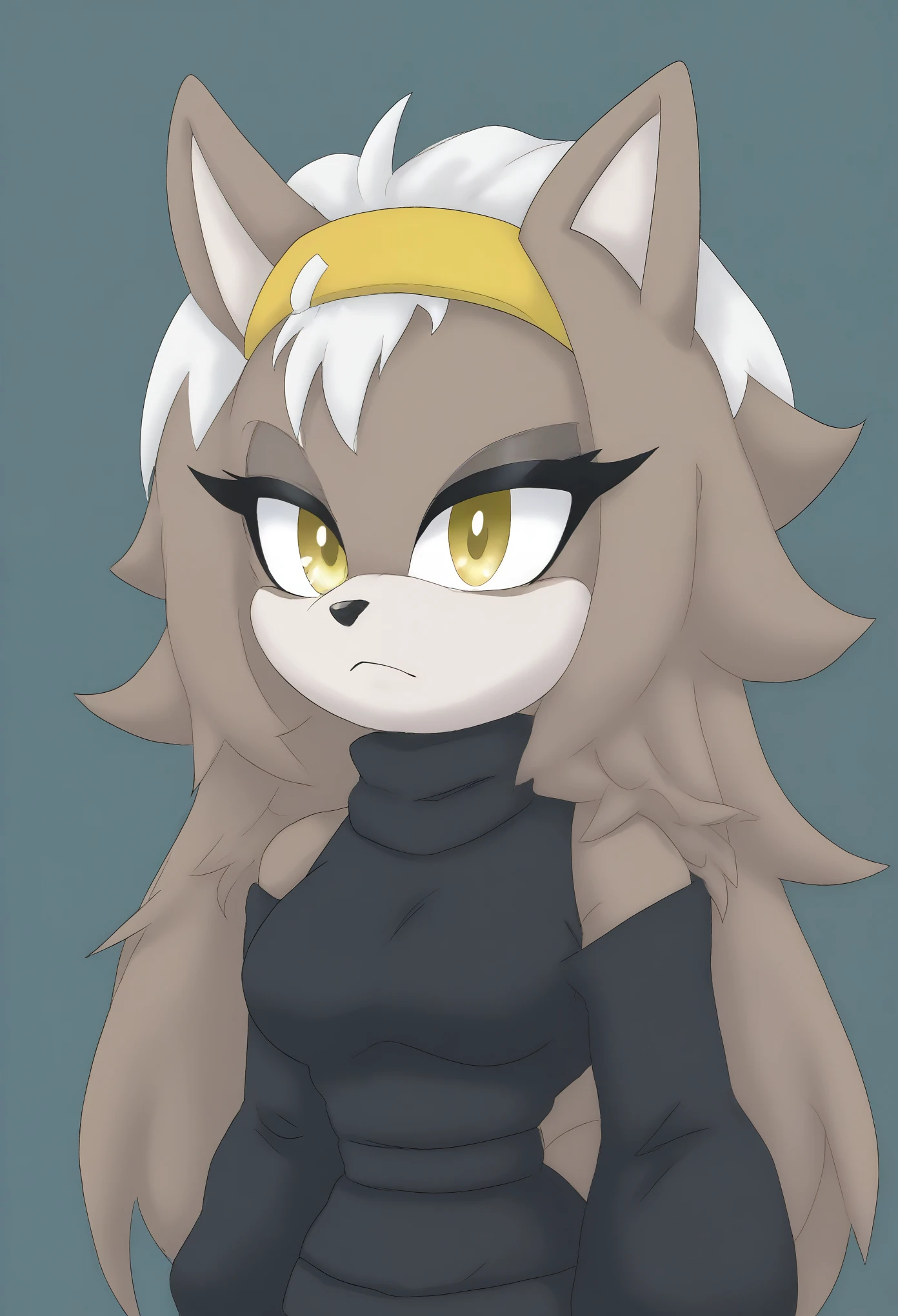 (1girl), (solo), Female wolf, brownish fur, long hair, white highlights, 3 large hair bangs, (side locks/quills over shoulders), yellow eyes, white patches of fur around eyes, (medium breasts), (black sweater), turtleneck, black leggings, yellow headband, light skin colored muzzle and inner ears, eyelashes, expressionless, daytime, mobian, mobius city, half body
