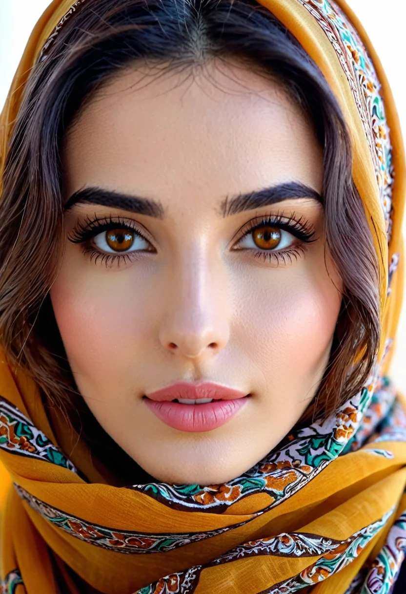 Une femme musulmane,beautiful detailed  eyes,beautiful detailed lips,extremely detailed eyes and face,Cils longs,Porter un hijab,Expression pacifique,Traditional clothing,ornate patterns,tissu doux et fluide,Illustrated Art Style,couleurs riches,tons de couleurs chaudes,natural lighting,high contrast,Realistic and realistic details,High-resolution artwork,Teintes vives et vibrantes,textures subtiles. Assise dans un salon