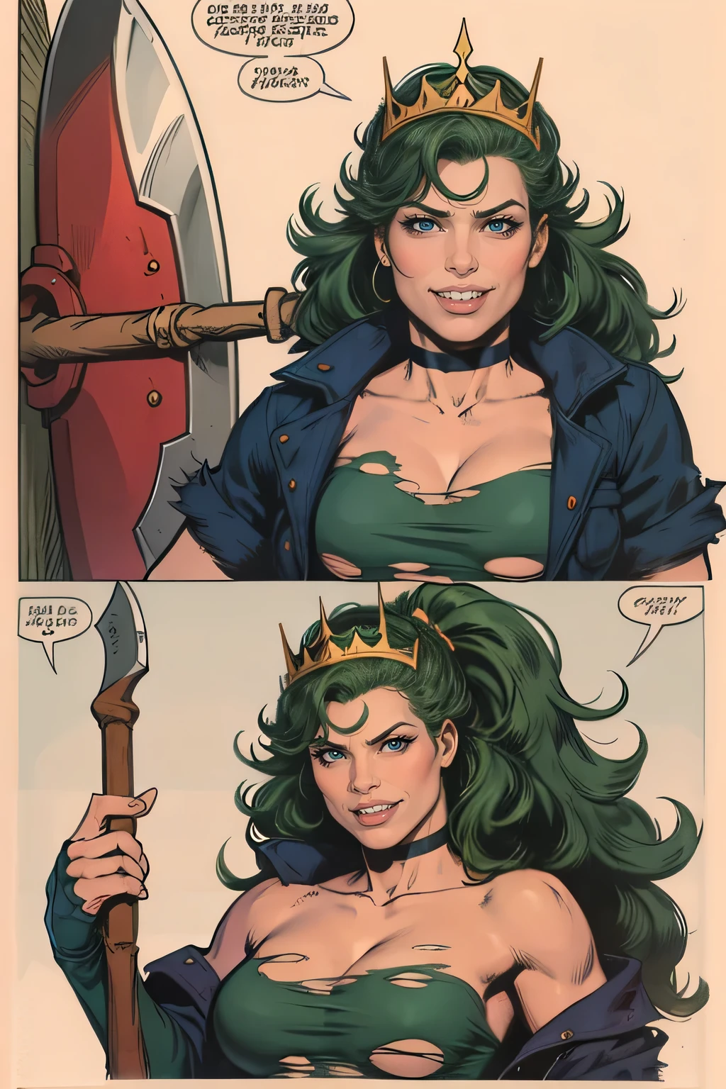 1girl, long hair, gloves, holding, weapon, green hair, teeth, fingerless gloves, torn clothes, 4koma, parody, tiara, slim smile, axe, holding axe, panty