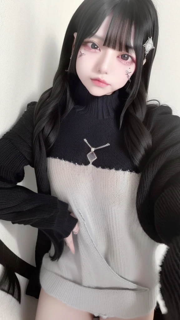 Highest quality、8K、32k、masterpiece、Hmph:1.2)、One Girl、One Girl、Black-haired、Heavy bangs、Chest-length hair、Focus on the face、Focus on the face、(Virgin killer sweater:1.5, 頭から足まで:1.5)