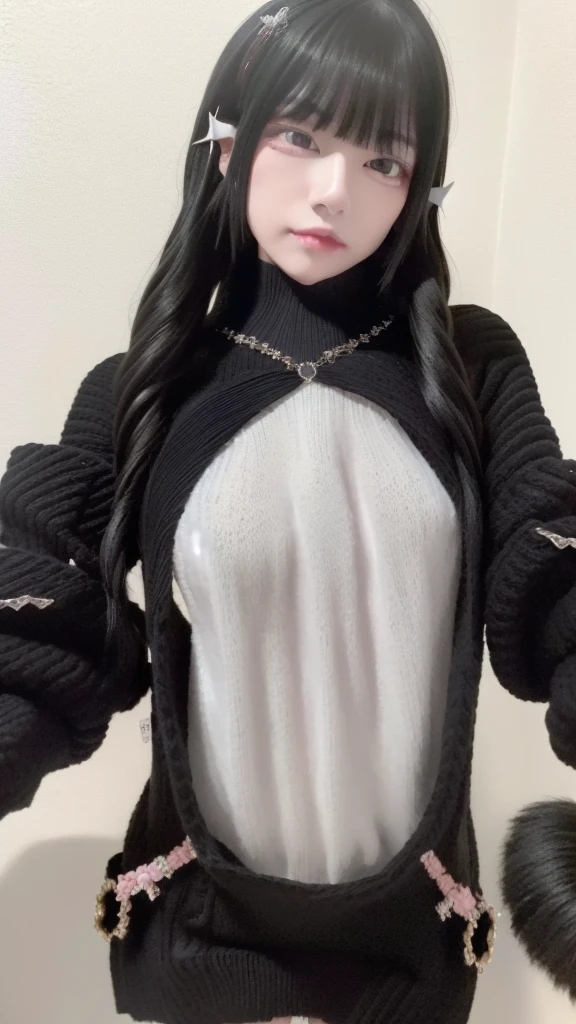 Highest quality、8K、32k、masterpiece、Hmph:1.2)、One Girl、One Girl、Black-haired、Heavy bangs、Chest-length hair、Focus on the face、Focus on the face、(Virgin killer sweater:1.5, 頭から足まで:1.5)