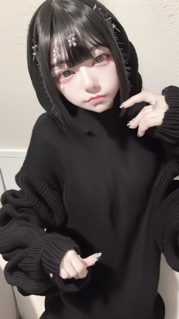 Highest quality、8K、32k、masterpiece、Hmph:1.2)、One Girl、One Girl、Black-haired、Heavy bangs、Chest-length hair、Focus on the face、Focus on the face、(Virgin killer sweater:1.5, 頭から足まで:1.5)