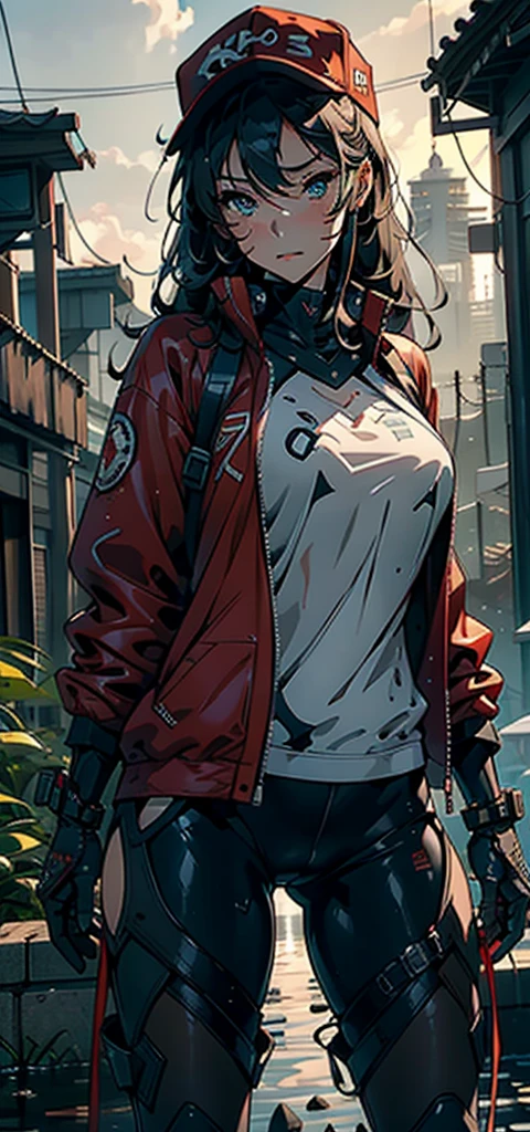 1female,29 years old,,super adorable,Bigchest ,Pornographic exposure, solo,(Background with:hilltop,the rainforest,in summer,Standing water on the ground,exteriors) Feel free to hairstyle,Stride,Sweat profusely,drenched all over the body,seen from the front,Long black hair , mostly cloudy sky,(((tmasterpiece),(Very detailed CG unity 8K wallpaper),best qualtiy,cinmatic lighting,detailed back ground,beatiful detailed eyes,Bright pupils,(Very fine and beautiful),(Beautiful and detailed eye description),ultra - detailed,tmasterpiece,)),facing at camera,A high resolution,ultra - detailed)There is a robotic arm,cyber punk style,nakeness,with no underpants,revealing breasts,Bare genitals, Bulge,Camel toes,Raised sexy,Lewd expression,Flushed complexion,Open-mouthed,frontage,elementary student(Wearing:Red baseball jacket,Pantyhose,baseball cap)
