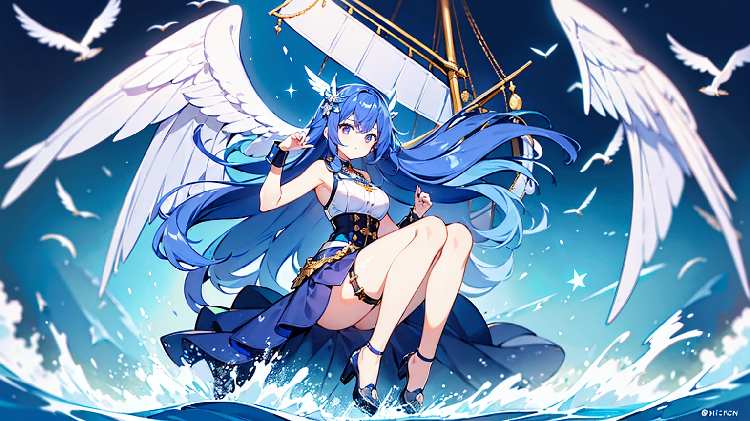 ((Highest quality)), ((masterpiece)), (Become familiar with), Perfect Face ((Highest quality)), ((masterpiece)), (Become familiar with), 完璧な Perfect Face 身長が低く、、hair is long、The color is light、The character in this image is an animated female with long, deep blue hair adorned with flower-like accessories. She has striking violet eyes that stand out against her hair. She is wearing a sleeveless white dress with gold and blue trim, featuring nautical-inspired details such as anchor motifs and a ship's wheel. She has various badges or medals on her chest, indicating achievements or rank. The character is accessorized with wrist cuffs, a single arm sleeve on her left arm, multiple necklaces, and a prominent black belt with a star emblem. She is sitting on a fragment of a ship, with one hand behind her head and the other resting on her raised knee. She has large, white feathered wings emerging from her back, giving her a celestial or angelic appearance. The character is wearing black strapped heels with blue details, matching the overall color scheme. The background depicts a dynamic oceanic scene with splashing waves, seagulls, and flying ship fragments, emphasizing a maritime theme. Despite the chaos in the background, the character maintains a serene expression with a slight smile, exuding a sense of calm and composure. Overall, this character embodies a blend of elegance, strength, and a touch of fantasy, with a focus on nautical or celestial elements.