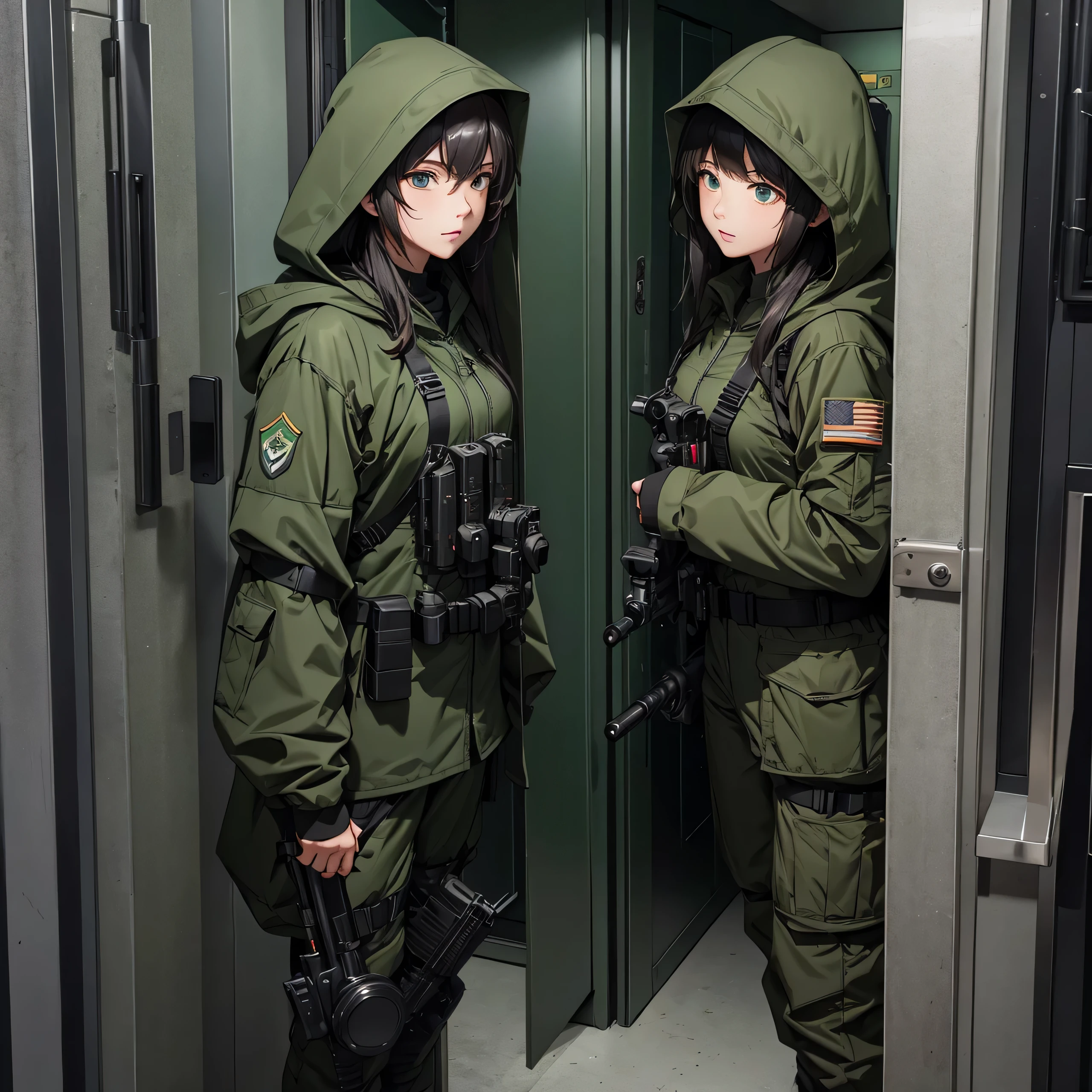 First-person perspective、Two female special forces soldiers wearing the same dark green M-51 hooded military uniform、Hooded on head、Military Pants、In front of the elevator door、front、A lot of equipment、Best quality、Very detailed、8K