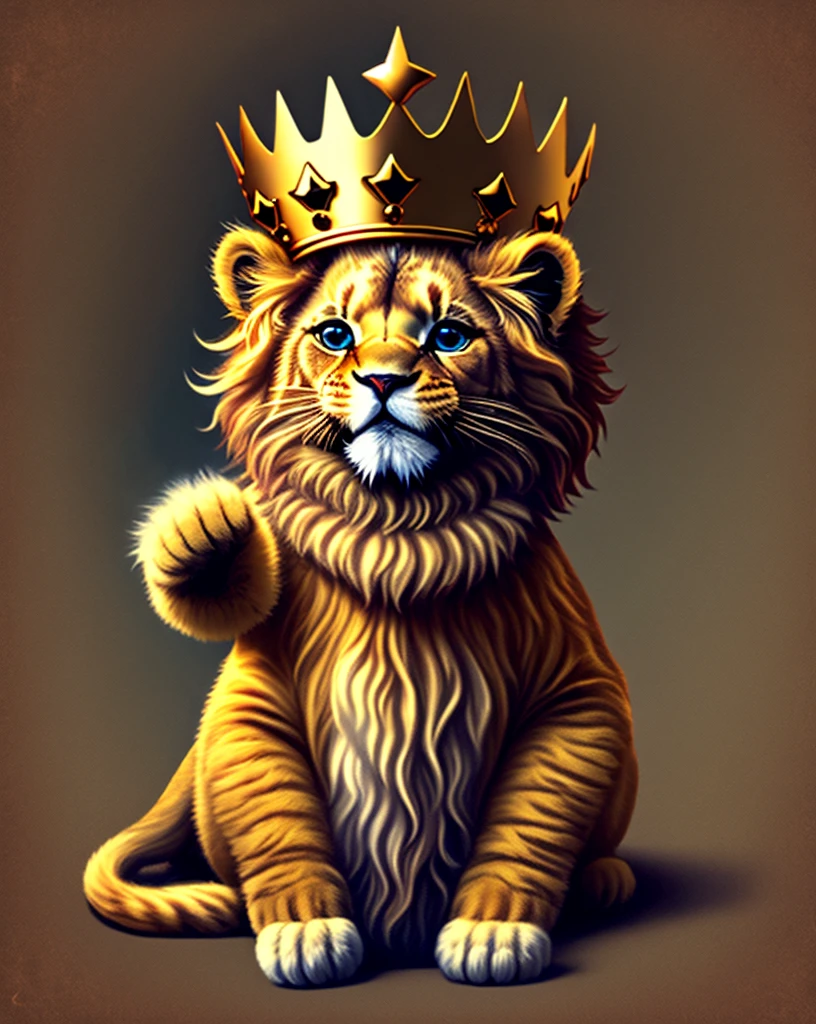 A little lion with a crown on his head alone, smiling smoking marijuana smiling, with his 2 front paws to the sky with a black background