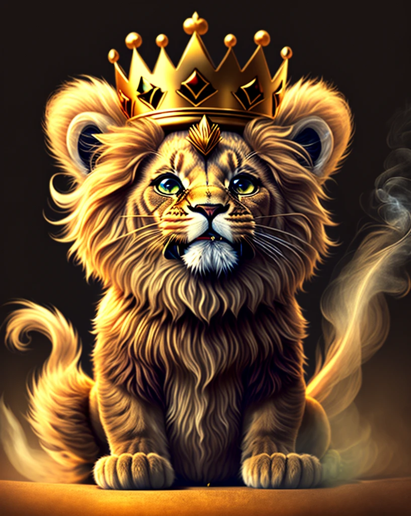 A little lion with a crown on his head alone, smiling smoking marijuana smiling, with his 2 front paws to the sky with a black background