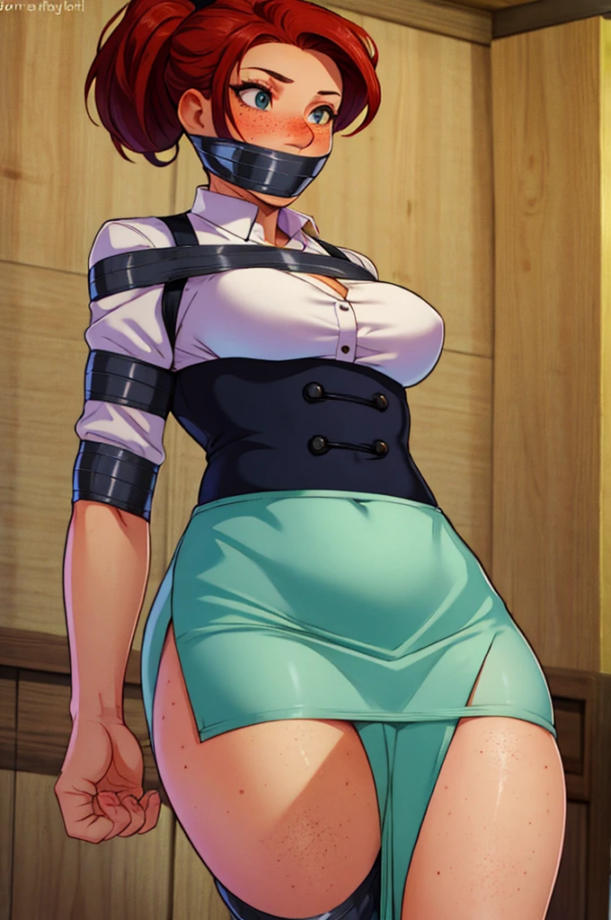 1 girl, ginger hair, ponytail, pioneer style clothes, traditional skirt, long skirt, waist apron, freckles, hair tied back, short hair, wide hips, hands behind back, duct tape, tape bondage, blush, bound arms, sexy