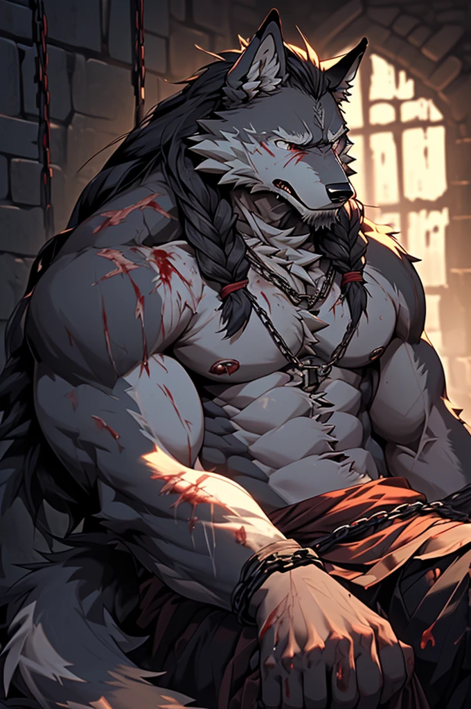 (solo),(best quality), (photorealistic:1.2), (masterpiece:1.3), (realistic detail:1.2), highest quality, ultra detailed, 8k, RAW photo, (mature male wolf:1.3), (general),(defeated),(damaged body),(extreme detail:1.3), (gray fur:1.2), facial hair, long hair, white braided hair, (blood:1,6),(elderly:1.2), (emaciated:1.3), nude, (muscular:1.3), (battered body:1.4), bleeding, (heavily scarred:1.4), shackled, (chained:1.4),(chains wrapped around his arms and main body ), (dungeon:1.3), (torture:1.3), (extreme pain:1.5), (semiconscious:1.3), (knives piercing into his chest:1.3), (weak:1.4), (suffering:1.5), (dim lighting:1.2),(dying:1.9)