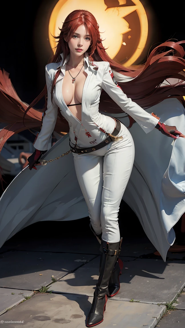 (masterpiece), best quality, 4K, realistic, HD, NIPPLES, expressive eyes, perfect face, solo, breasts, cleavage, full body, red hair, aqua eyes, no bra, collarbone, midriff, navel, slim body, necklace, ankh, belt, black gloves, milf, ankh, white strait bodysuit, compass rose ass visible through thighs, red gloves, standing, strivejacko, Jack-O'Valentine, white bodysuit, visible smiles, long hair streak, irish woman, tight, sweating, lipstick, FIGHTEr, guilty gear, boot shoe, skimpy, interrogation, merore, happiness,