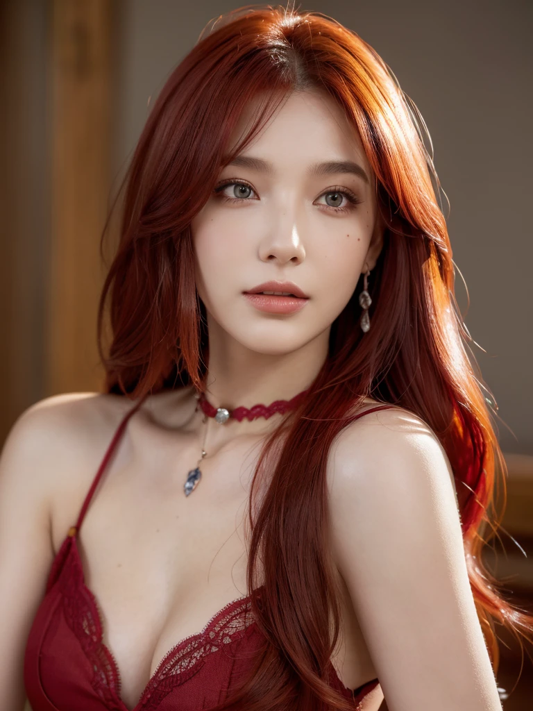 1girl, alone, solitary, high quality, (best quality,4k,8k,highres,masterpiece:1.2),ultra-detailed,(realistic,photorealistic,photo-realistic:1.37),gorgeous hair,red hair,red long curly hair with bangs,sharp eyes,mole under the eye,plump lips,jewelry,(high detailed skin:1.4),(rim lighting:1.3),(lit:1.3),(sunny day:1.3),portrait,beautiful lips,waist-length hair,seductive gaze,moles,casual clothes,colorful clothing,close up,super long hair,choker necklace,tattoos,tattooed,light eyes,bangs,fringe,20 year old,dimples on the cheeks,dimples,bright red hair,sharp eyebrows,redhead,ruby red,cherry red hair,wine red hair,lace,elegant