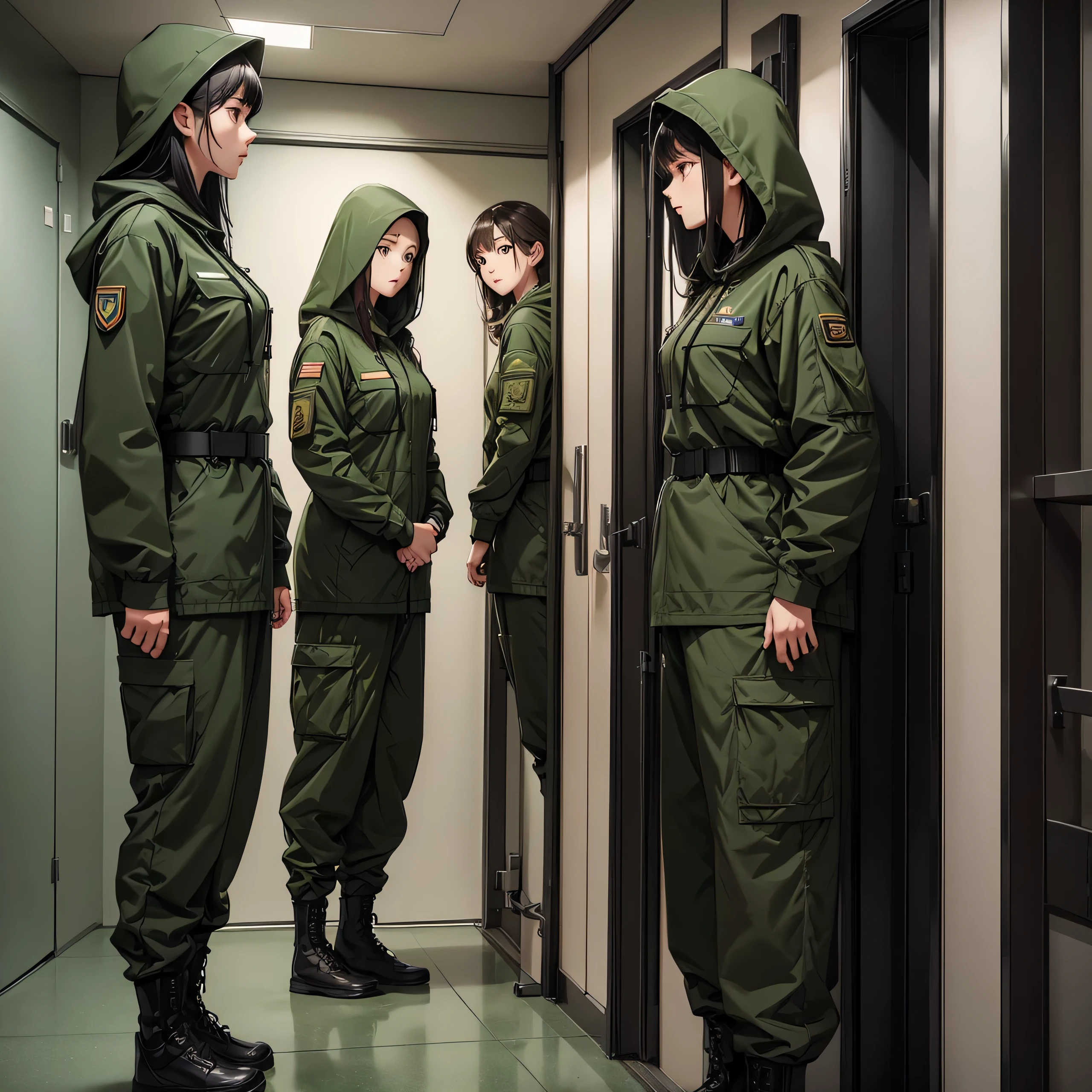 Three female soldiers wearing the same dark green M-51 hooded uniform、Hooded on head、Same height、Military Pants、In front of the elevator door、front、Best quality、Very detailed、8K