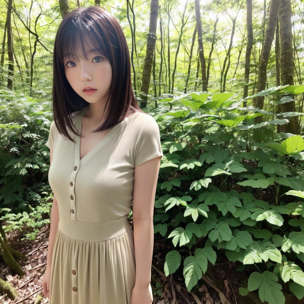 (((hd closeup photo))),one standing Aimi Rin looking at camera,25 years old, in forest