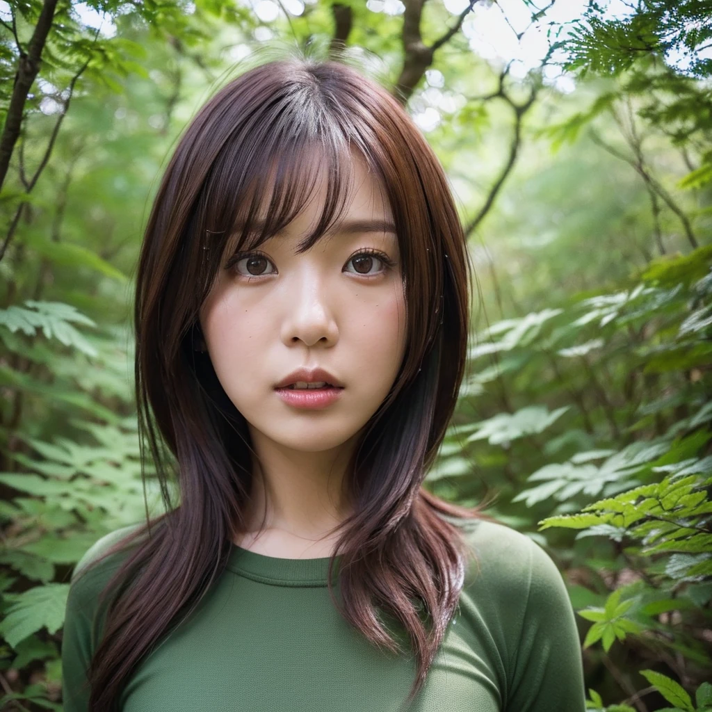 (((hd closeup photo))),one standing Aimi Rin looking at camera,25 years old, in forest