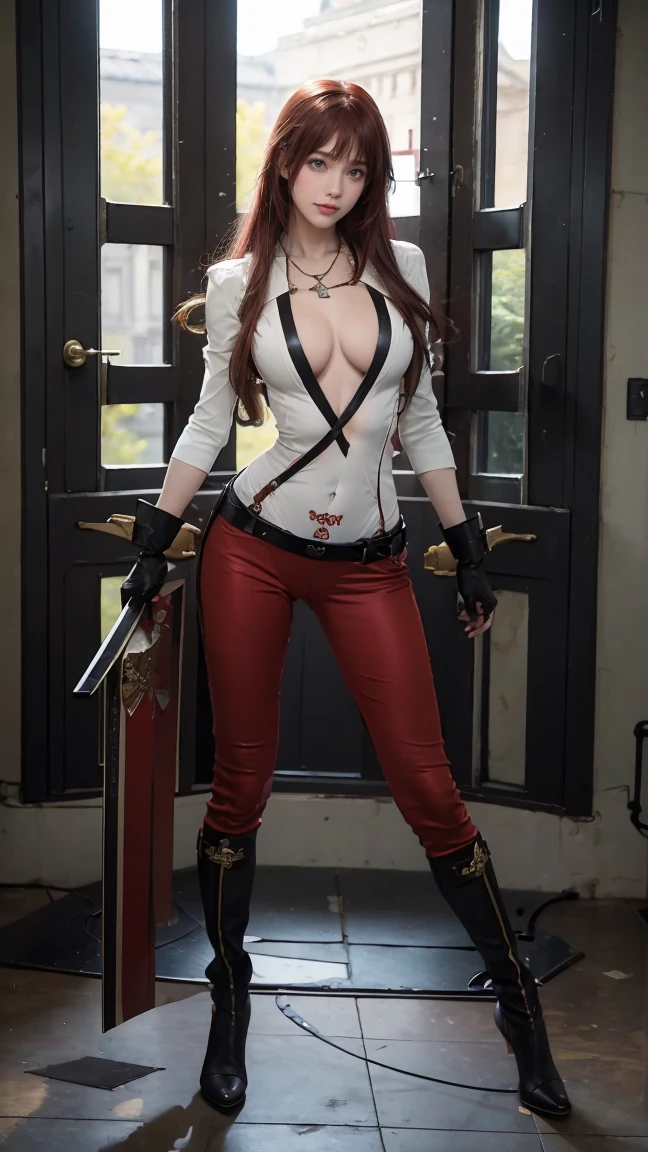 (masterpiece), best quality, 4K, realistic, HD, NIPPLES, expressive eyes, perfect face, solo, breasts, cleavage, full body, red hair, aqua eyes, no bra, collarbone, midriff, navel, slim body, necklace, ankh, belt, black gloves, milf, ankh, white strait bodysuit, compass rose ass visible through thighs, red gloves, standing, strivejacko, Jack-O'Valentine, white bodysuit, visible smiles, long hair streak, irish woman, tight, sweating, lipstick, FIGHTEr, guilty gear, boot shoe, skimpy, interrogation, merore, happiness, 