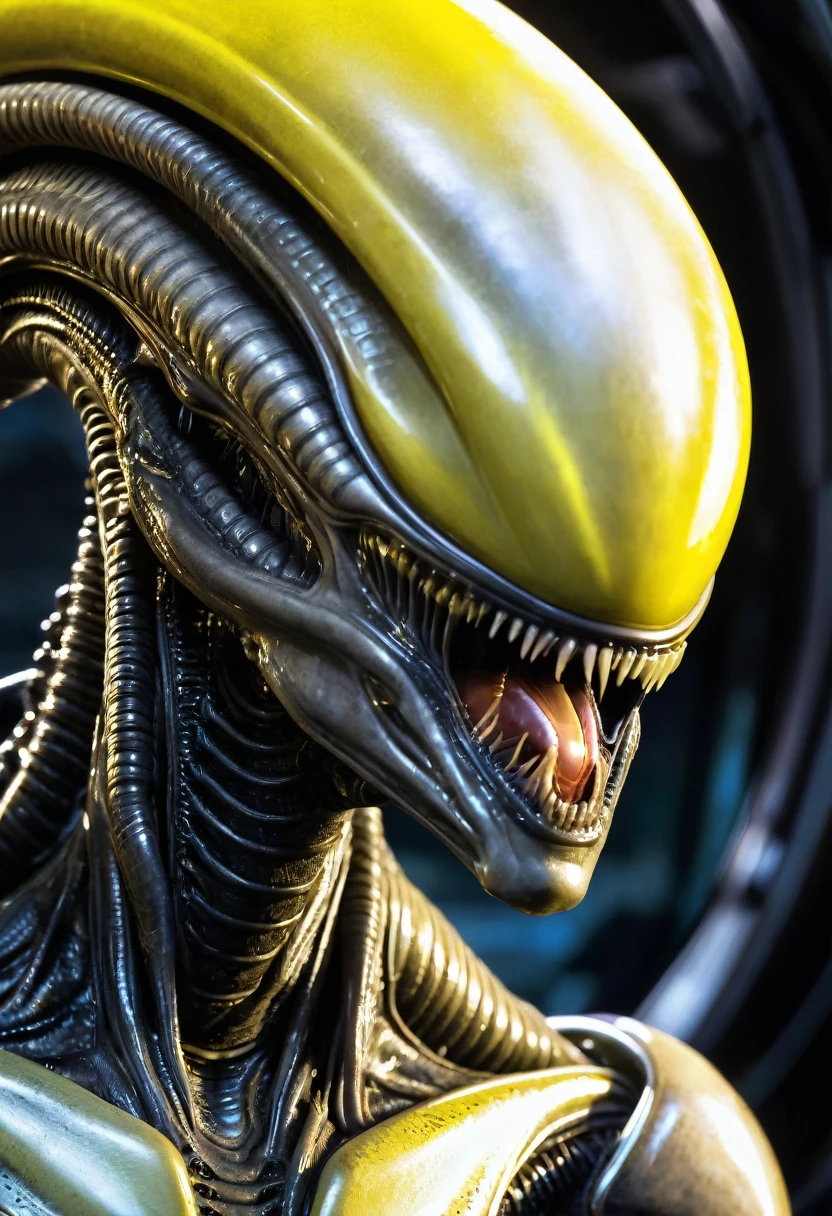 (((Extreme close-up Xenomorph Alien the eighth passenger silver yellow (((Front Images))),(((Splash color images)))