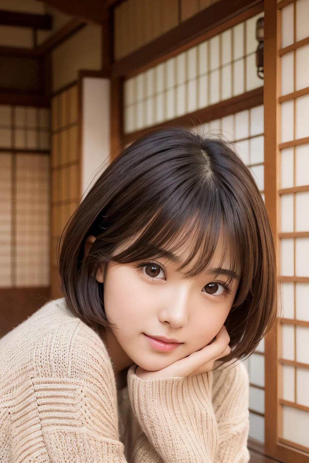 Close-up of a woman wearing a brown bell-sleeve sweater, Girl cute beautiful face, Beautiful Japanese girl face, Short hair, Beautiful young Japanese woman, Young and pretty Asian face, Realistic young gravure idol, Young and adorable Japanese face, Gorgeous Young Japanese Woman, Cute young woman, Portrait of a female idol in Japan, Portrait of a Japan ager