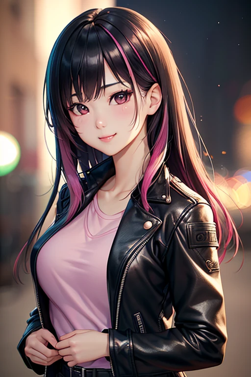 a beautiful 21 year old korean girl, long slightly waved black hair with pink highlights, rosy eyes, playful smile, small breasts, leather jacket, anime realism style, portrait, (best quality,4k,8k,highres,masterpiece:1.2),ultra-detailed,(realistic,photorealistic,photo-realistic:1.37),HDR,vivid colors,professional,bokeh