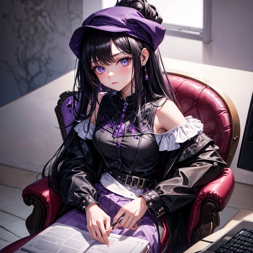 ((best quality)), ((masterpiece)), (detailed), 1modern era girl, siting on computer chair ,black hair, wear a violet jacket, shirt inside, upper body, infinite neclace, red berret, black writing on the shirt, yensa ,lilac eyes