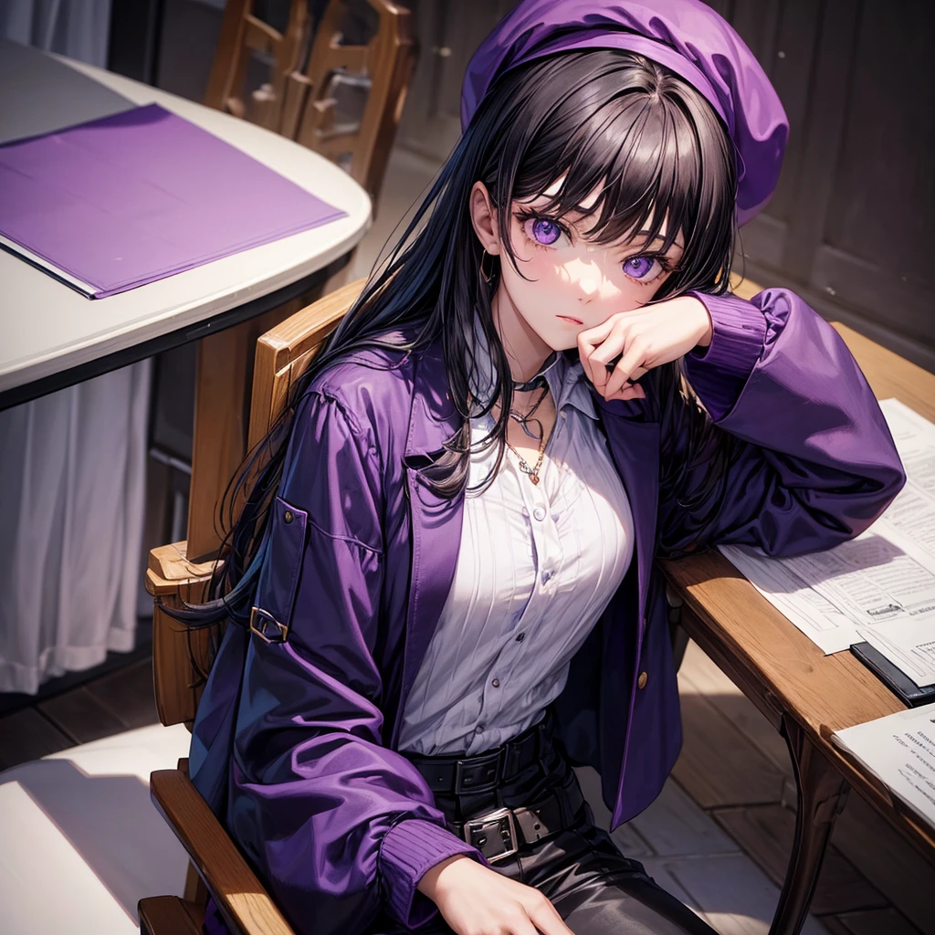 ((best quality)), ((masterpiece)), (detailed), 1modern era girl, siting on computer chair ,black hair, wear a violet jacket, shirt inside, upper body, infinite neclace, red berret, black writing on the shirt, yensa ,lilac eyes