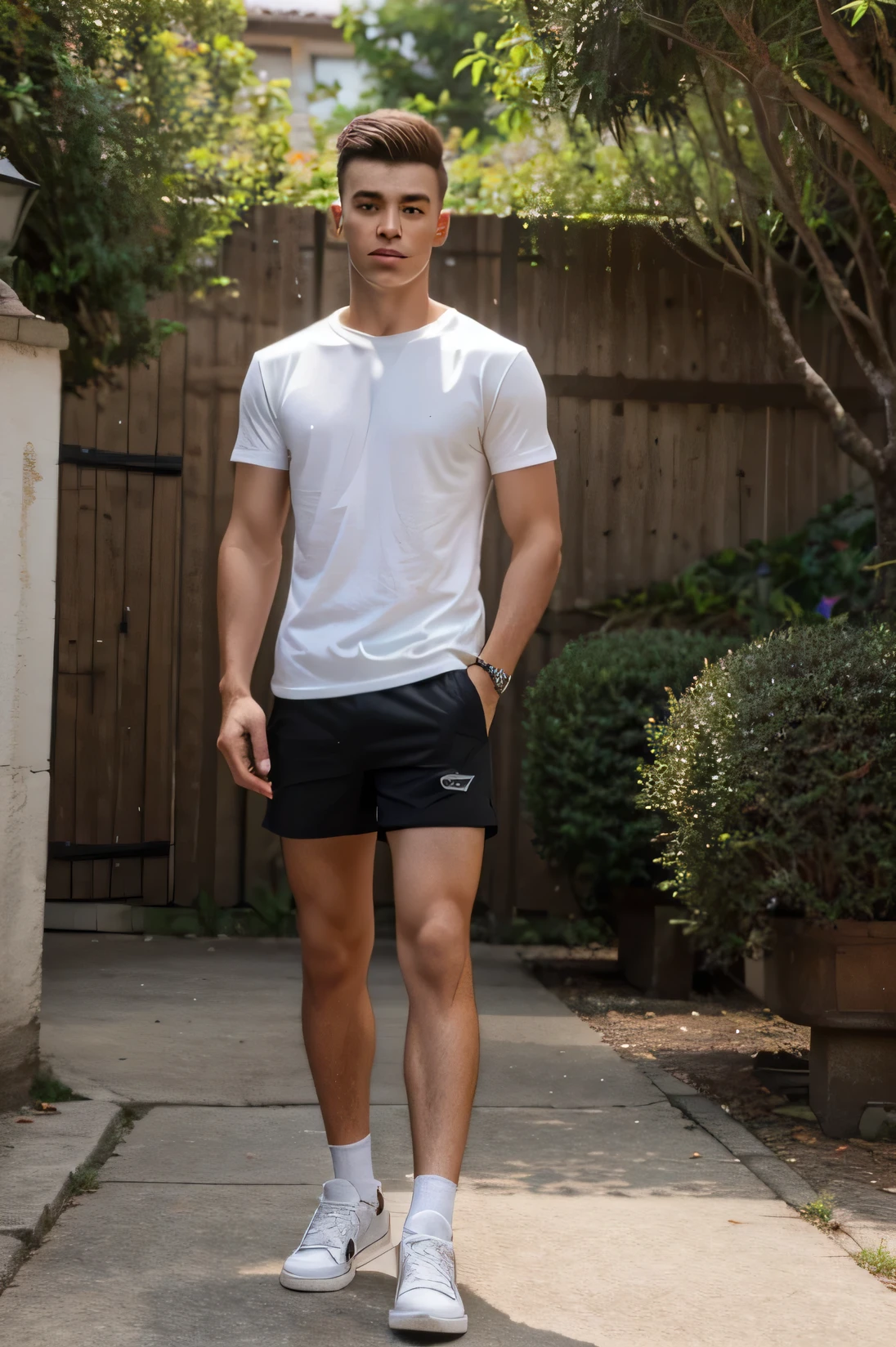 handsome guy, 25 years old, slim but defined, his hair has a mid fade military cut in dark brown, he is wearing short black shorts and a white t-shirt, and he is wearing white allstar sneakers, the photo shows him with a full body whole and is standing, in an environment well lit by the sun, his pose is very relaxed, his face is serious but with a lightness in his eyes and mouth.