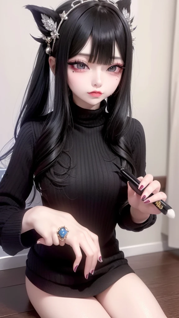 Highest quality、8K、32k、masterpiece、Hmph:1.2)、One Girl、One Girl、Black-haired、Heavy bangs、Chest-length hair、Focus on the face、Focus on the face、(jirai makeup:1.3, Virgin killer sweater:1.5, 頭から足まで:1.5)