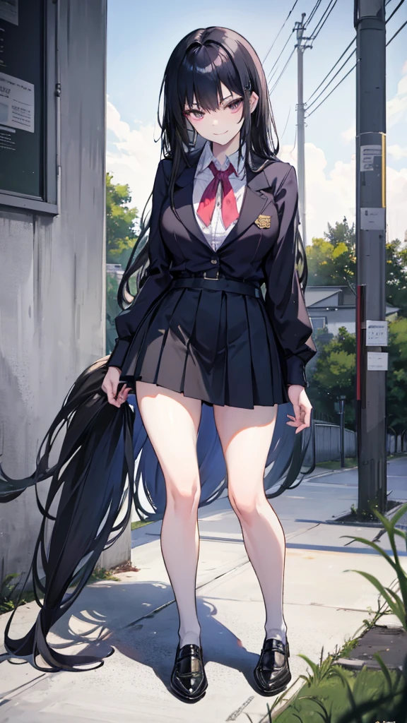 Lydia, a 6 foot tall female student with long black hair and a  with a very short skirt, pushes Tom, a nerd, to the ground in the school yard. with a malicious smile, stands over him while he is on the ground, looking at her panties. tall girl, Scholar, uniform, 6,0ft, sexy, bully, Sexy legs