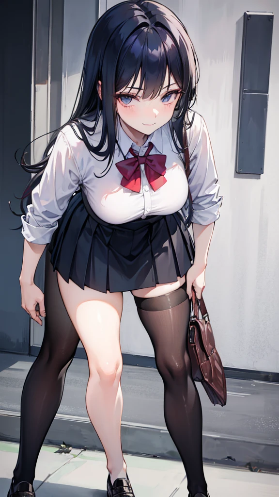 Lydia, a 6 foot tall female student with long black hair and a  with a very short skirt, pushes Tom, a nerd, to the ground in the school yard. with a malicious smile, stands over him while he is on the ground, looking at her panties. tall girl, Scholar, uniform, 6,0ft, sexy, bully, Sexy legs