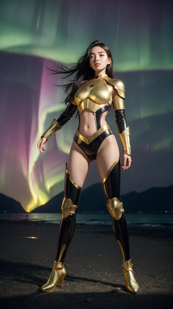 ((best quality)), ((masterpiece)), (ultra detailed), ((full body shot)), indonesian girl, extremely beautiful, ultra face details, 20 years old, green curvy-hair, ((hair blown by strong winds :1.3)), Award-winning photograph, photography of a teen girl, slim face, extremely beautiful, ultra details armor, ultra details skin, sharp armor texture, crisp picture, ((full make ups)), ((pink blushing)), ((red lips)), ((wearing tight steel-armor)), ((full body armor)), ((tight latex panty)), ((thighs armor)), ((slim body shape)), (((24k-gold) and black armor)), no head cover, ((symmetrical body pose)), model posing in the middle, backlights, night at beach, full of stars, neons lights in the beach sand, red clouds, nebula, ((aurora Borealis)), shooting stars, from below