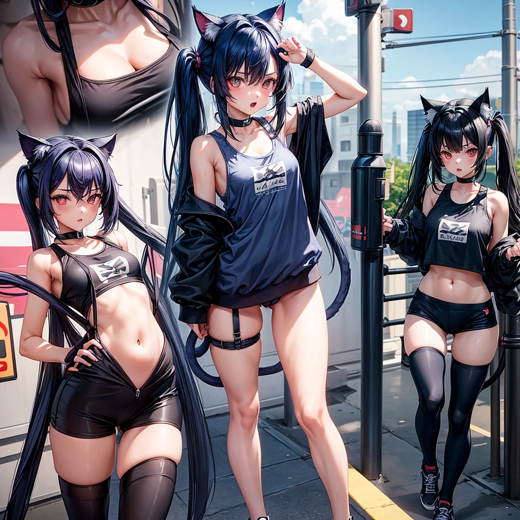 masterpiece,One girl,alone ,Heart-shaped pupils,Open your mouth,hoodie,, Static Restraints, Dark blue hair girl, Cat ears and tail, Wearing a tank top and racing pants. body type Twin tails Female genitalia is visible Detailed depiction of female genitalia Flat Chest Stern expression With legs apart