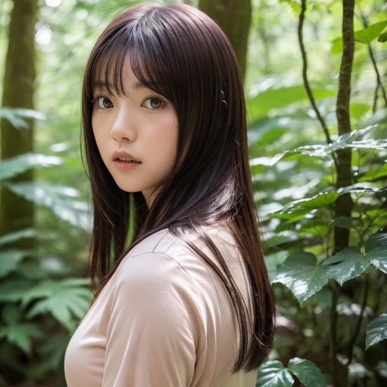 (((hd closeup photo))),one standing Aimi Rin looking at camera,25 years old, in forest