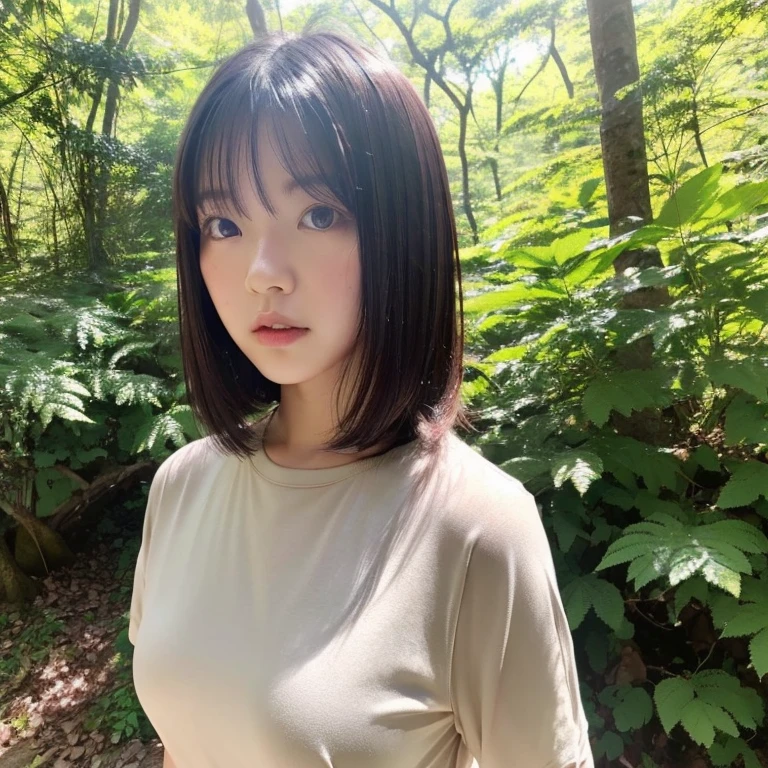 1girl, black hair, black eyes, forest