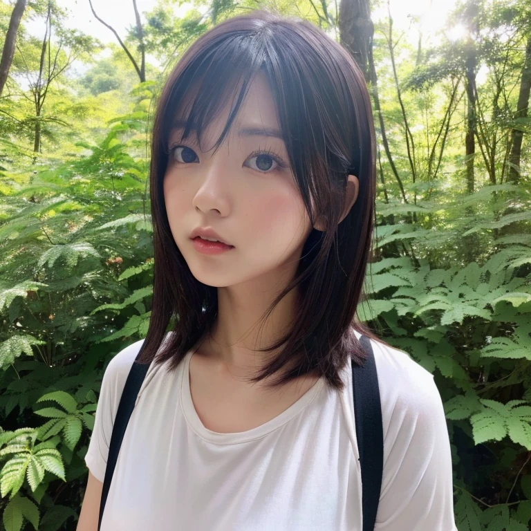 (((hd closeup photo))),one standing Aimi Rin looking at camera,25 years old, in forest