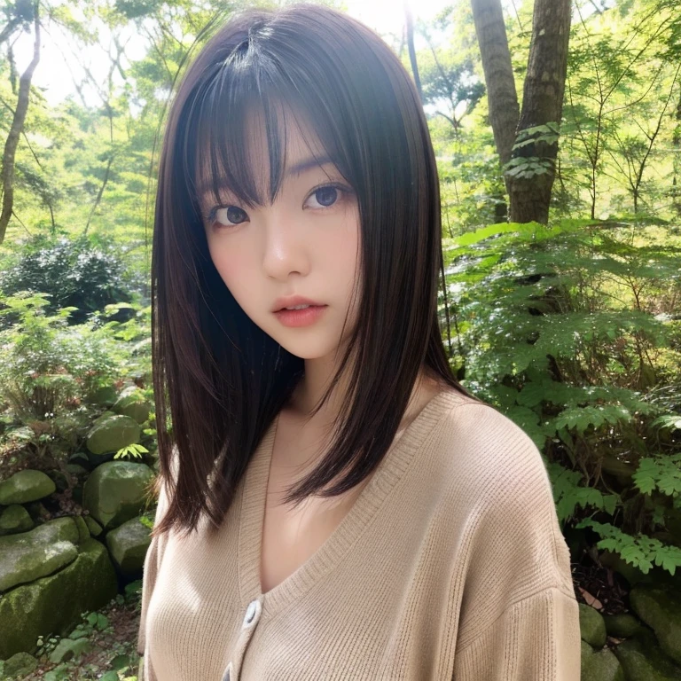 (((hd closeup photo))),one standing Aimi Rin looking at camera,25 years old, in forest