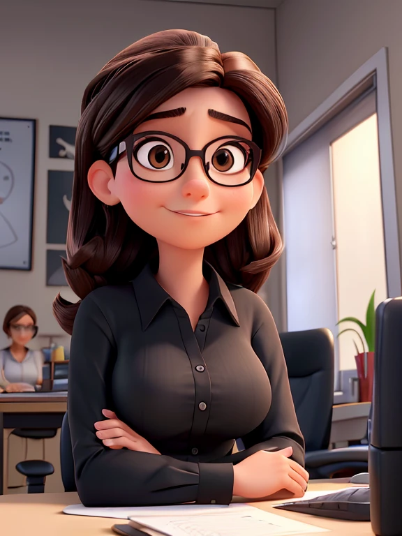 portrait of a woman 3D pixar style, sitting forward at an office desk, looking at camera, slight smile on your face, With glasses, large breasts, a black shirt with the volgal "a" in the middle of the shirt, em uma agência de marketing digital chamada aestidia