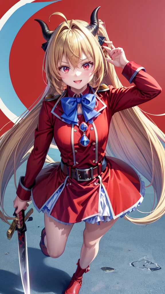 ((Best Quality)), ((Masterpiece)), (detailed), 1 girl, red military uniform, blue bow, blond hair, two little horns with their hair, Red eyes, happy look, holds a bright red katana, simple background that matches the character, (full body view), {Terakomari Gandesblood}