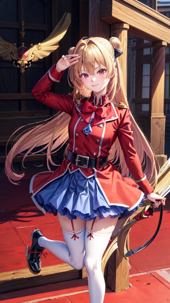 ((Best Quality)), ((Masterpiece)), (detailed), 1 girl, red military uniform, blue bow, blond hair, two little horns with their hair, Red eyes, happy look, holds a bright red katana, simple background that matches the character, (full body view), {Terakomari Gandesblood}