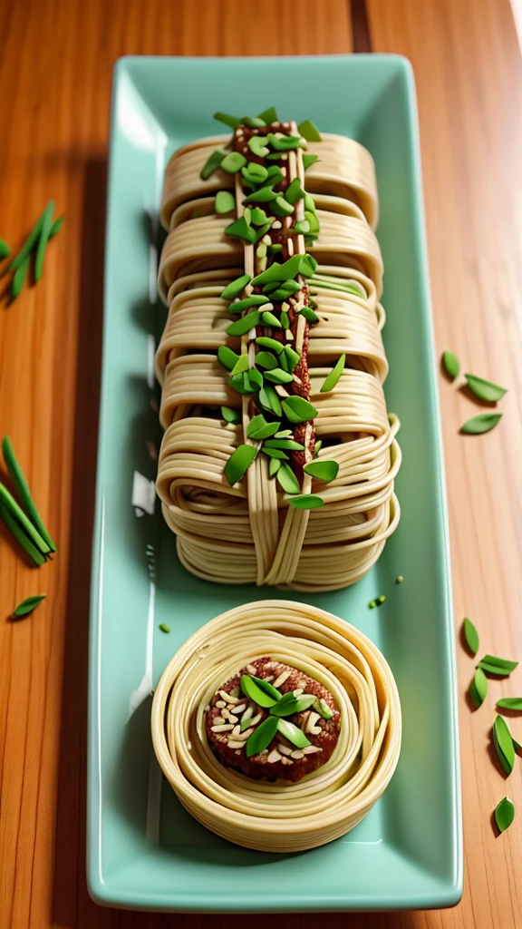 Chinese chive soba noodles Minced meat Chive soba on a plate Please make a photo