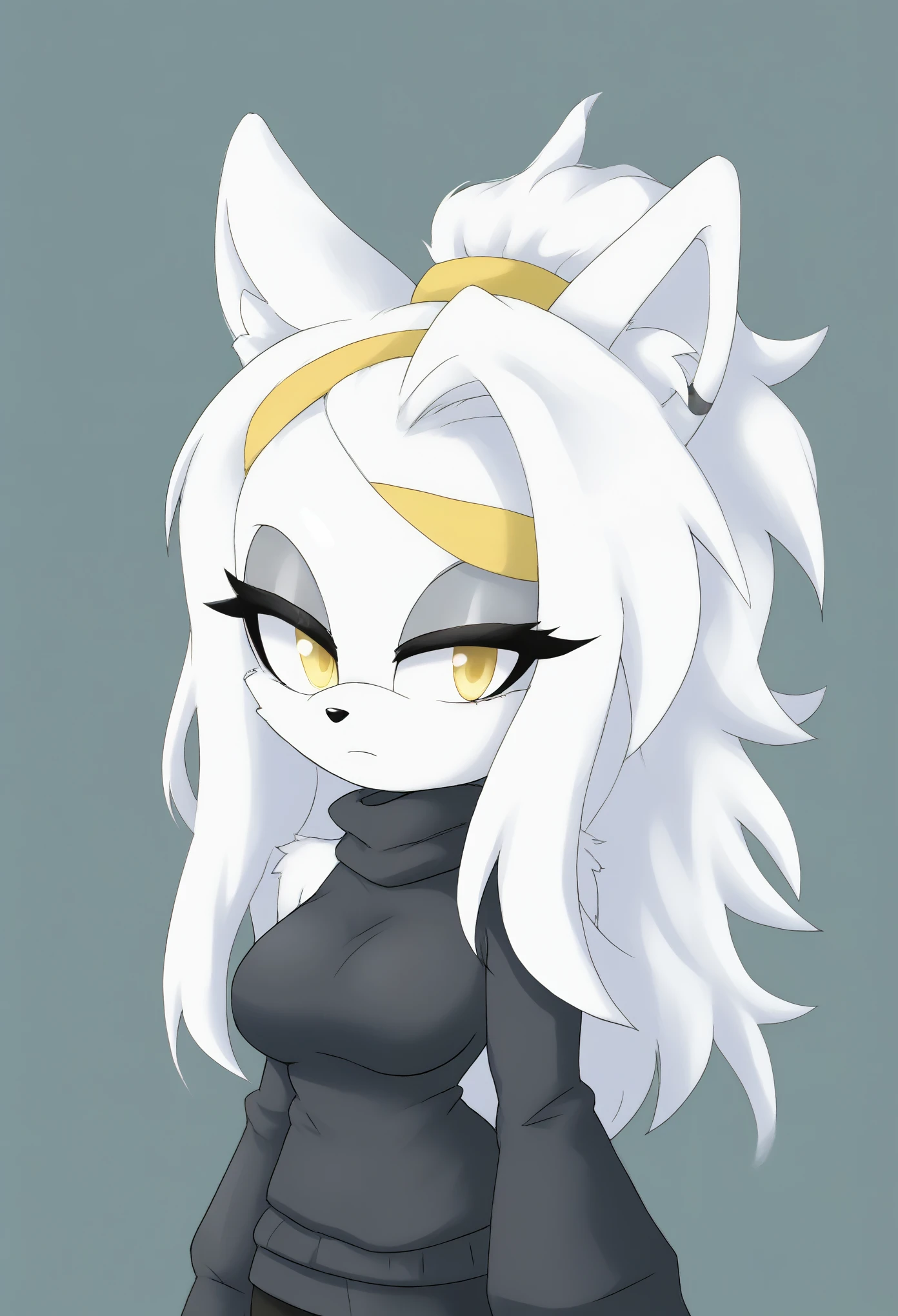 (1girl), (solo), Female wolf, white fur, long hair, 3 large hair bangs, (side locks/quills over shoulders), yellow eyes, white patches of fur around eyes, (medium breasts), (black sweater), turtleneck, black leggings, yellow headband, light skin colored muzzle and inner ears, eyelashes, expressionless, daytime, mobian, mobius city, half body
