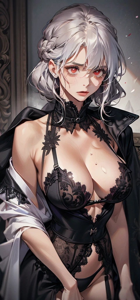 (best quality,high resolution:1.2), ultra-detailed, realistic:1.37, mature beautiful lady in a black robe, sweating, flushed face, adorned with lace lingerie, with a cold expression on her face, a close-up of her breasts, white hair, red eyes, and revealing her lingerie, emphasizing her full chest, highlighting the breasts, focused on the chest, mature and sexy.