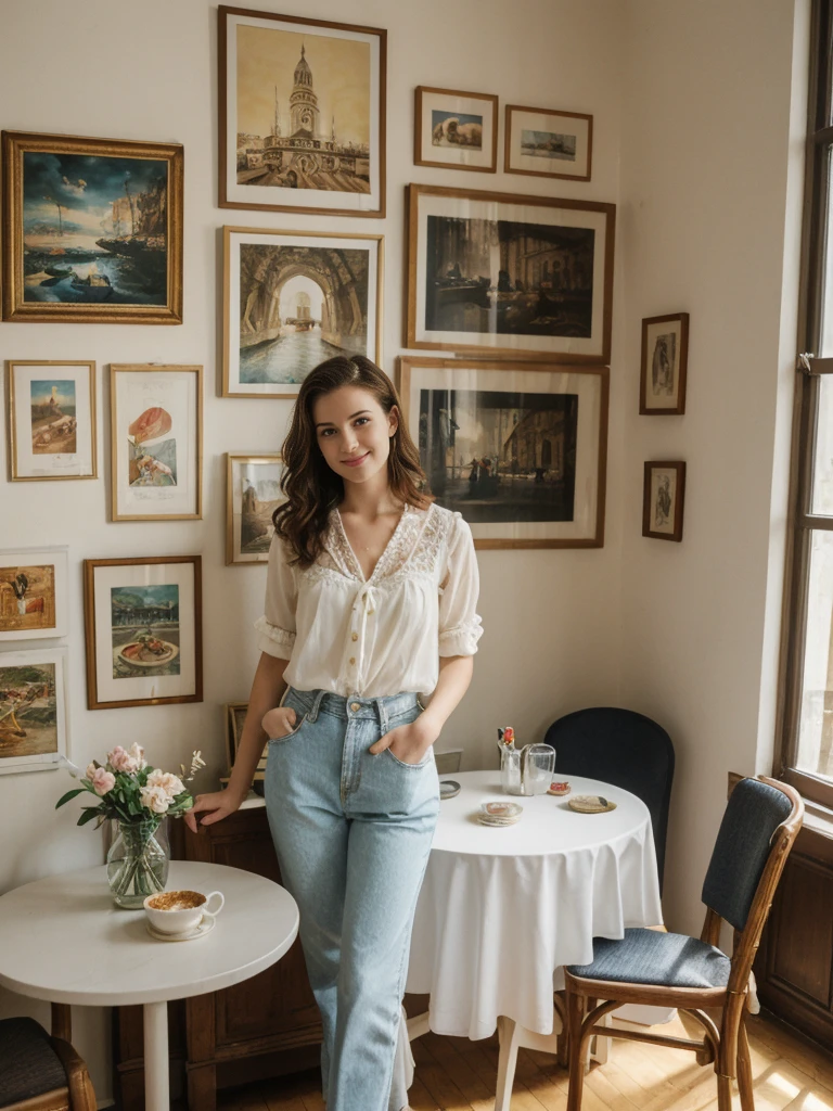 her name is Elle, high quality, 1girl, ((20-year-old fit Caucasian woman)), ((20 years old)), ((fit)), ((pale skin)), Beachy Waves dark hair , wearing Ivory Lace High-Neck Blouse + High-Waisted Wide-Leg Trousers, pose: standing, background: In a small, art nouveau café in Montmartre, the walls are decorated with vintage posters and paintings by local artists. The sound of a violin playing a soft, melancholic melody drifts through the air. Patrons sit at tiny round tables, sipping café au lait from delicate porcelain cups and nibbling on buttery croissants. The air is filled with the mingling scents of freshly baked bread and roasted coffee beans. Outside the window, artists set up their easels, capturing the vibrant street life.