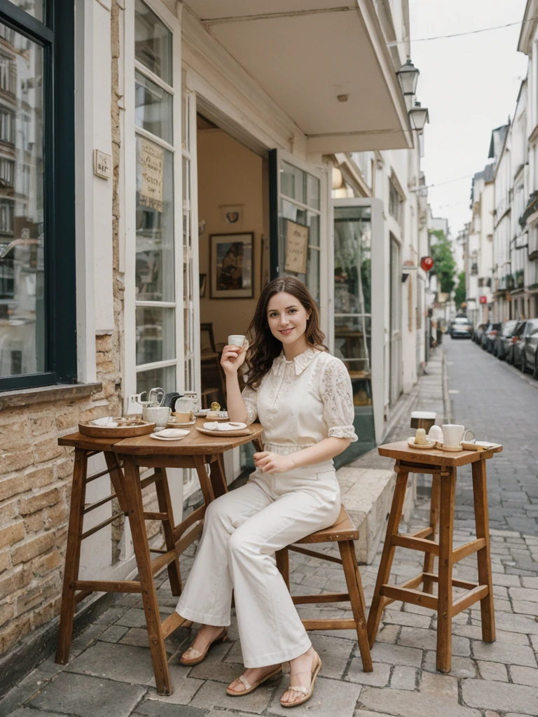 her name is Elle, high quality, 1girl, ((20-year-old fit Caucasian woman)), ((20 years old)), ((fit)), ((pale skin)), Beachy Waves dark hair , wearing Ivory Lace High-Neck Blouse + High-Waisted Wide-Leg Trousers, pose: standing, background: In a small, art nouveau café in Montmartre, the walls are decorated with vintage posters and paintings by local artists. The sound of a violin playing a soft, melancholic melody drifts through the air. Patrons sit at tiny round tables, sipping café au lait from delicate porcelain cups and nibbling on buttery croissants. The air is filled with the mingling scents of freshly baked bread and roasted coffee beans. Outside the window, artists set up their easels, capturing the vibrant street life.