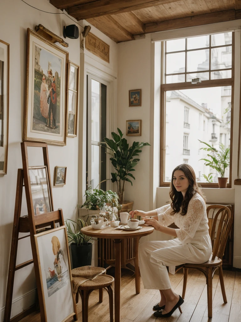 her name is Elle, high quality, 1girl, ((20-year-old fit Caucasian woman)), ((20 years old)), ((fit)), ((pale skin)), Beachy Waves dark hair , wearing Ivory Lace High-Neck Blouse + High-Waisted Wide-Leg Trousers, pose: standing, background: In a small, art nouveau café in Montmartre, the walls are decorated with vintage posters and paintings by local artists. The sound of a violin playing a soft, melancholic melody drifts through the air. Patrons sit at tiny round tables, sipping café au lait from delicate porcelain cups and nibbling on buttery croissants. The air is filled with the mingling scents of freshly baked bread and roasted coffee beans. Outside the window, artists set up their easels, capturing the vibrant street life.