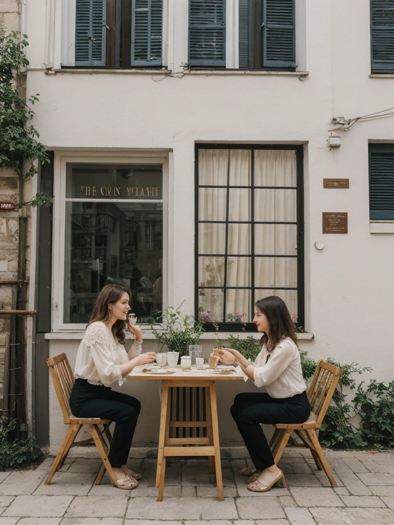 her name is Elle, high quality, 1girl, ((20-year-old fit Caucasian woman)), ((20 years old)), ((fit)), ((pale skin)), Beachy Waves dark hair , wearing Ivory Lace High-Neck Blouse + High-Waisted Wide-Leg Trousers, pose: standing, background:  In a small, art nouveau café in Montmartre, the walls are decorated with vintage posters and paintings by local artists. The sound of a violin playing a soft, melancholic melody drifts through the air. Patrons sit at tiny round tables, sipping café au lait from delicate porcelain cups and nibbling on buttery croissants. The air is filled with the mingling scents of freshly baked bread and roasted coffee beans. Outside the window, artists set up their easels, capturing the vibrant street life.