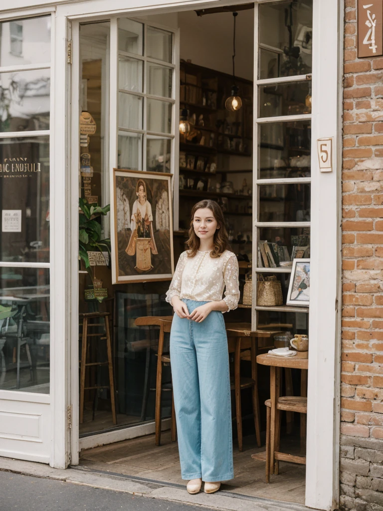 her name is Elle, high quality, 1girl, ((20-year-old fit Caucasian woman)), ((20 years old)), ((fit)), ((pale skin)), Beachy Waves dark hair , wearing Ivory Lace High-Neck Blouse + High-Waisted Wide-Leg Trousers, pose: standing, background: In a small, art nouveau café in Montmartre, the walls are decorated with vintage posters and paintings by local artists. The sound of a violin playing a soft, melancholic melody drifts through the air. Patrons sit at tiny round tables, sipping café au lait from delicate porcelain cups and nibbling on buttery croissants. The air is filled with the mingling scents of freshly baked bread and roasted coffee beans. Outside the window, artists set up their easels, capturing the vibrant street life.