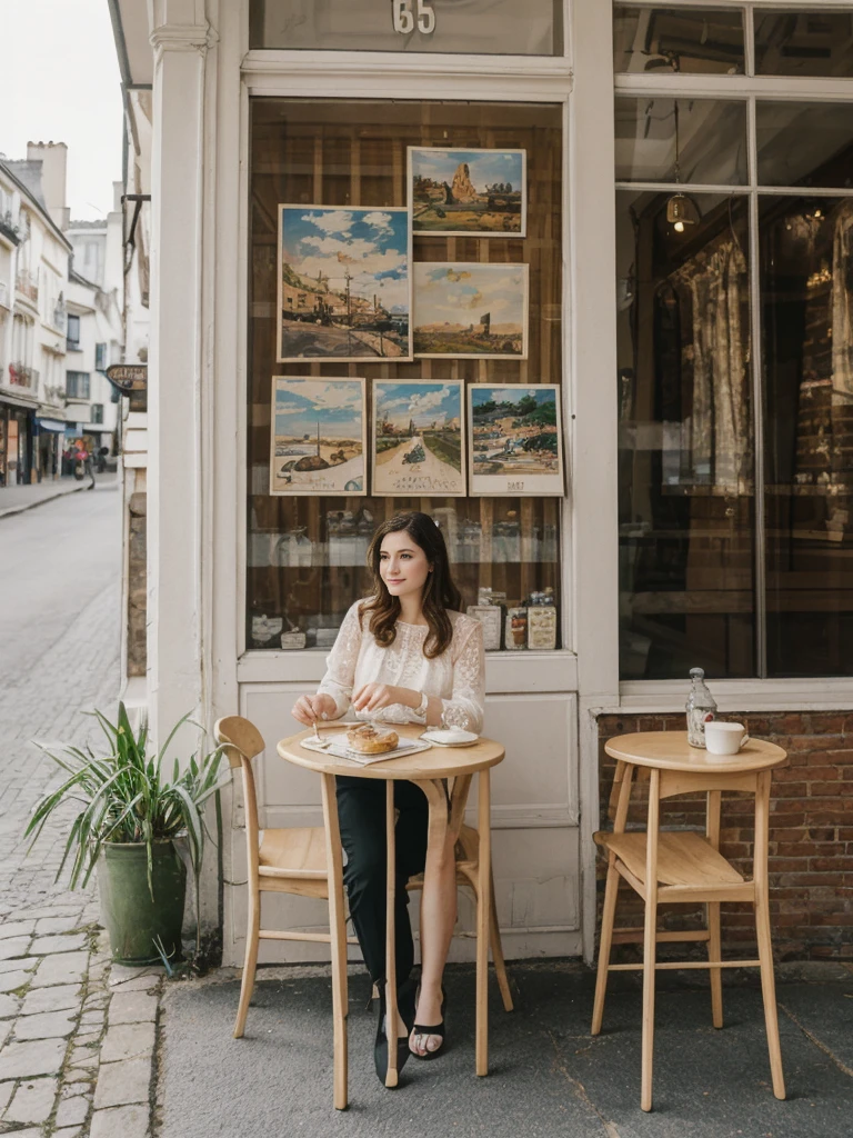 her name is Elle, high quality, 1girl, ((20-year-old fit Caucasian woman)), ((20 years old)), ((fit)), ((pale skin)), Beachy Waves dark hair , wearing Ivory Lace High-Neck Blouse + High-Waisted Wide-Leg Trousers, pose: standing, background: In a small, art nouveau café in Montmartre, the walls are decorated with vintage posters and paintings by local artists. The sound of a violin playing a soft, melancholic melody drifts through the air. Patrons sit at tiny round tables, sipping café au lait from delicate porcelain cups and nibbling on buttery croissants. The air is filled with the mingling scents of freshly baked bread and roasted coffee beans. Outside the window, artists set up their easels, capturing the vibrant street life.