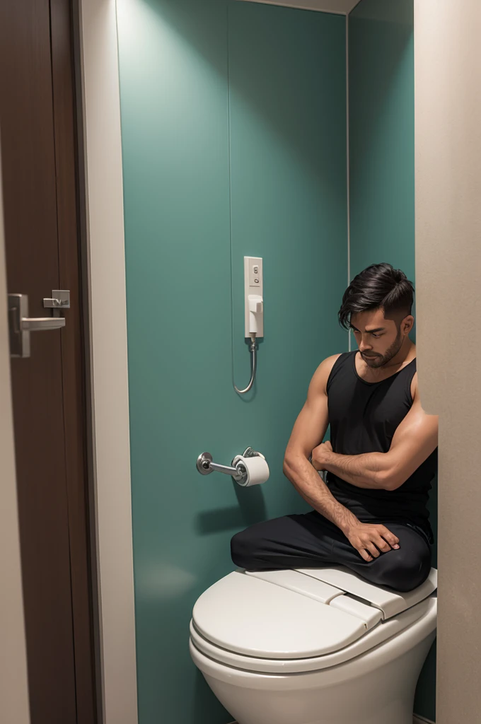 A man sitting on the locked toilet in the bathroom